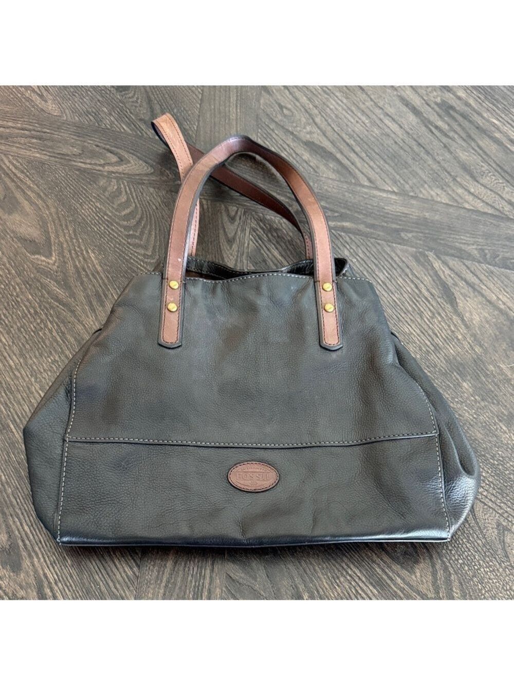 Fossil Black Leather Tote Brown Handles